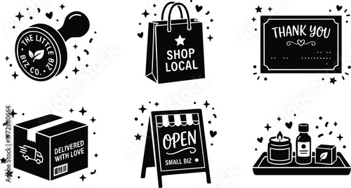 Black and white small business icons with shop local bag and delivered with love box