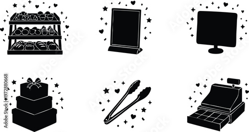 Black silhouette bakery display case cake gift boxes tongs and cash register icons