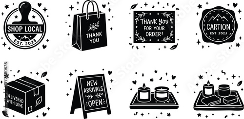 Black and white thank you shopping icons including shop local stamp and new arrivals sign