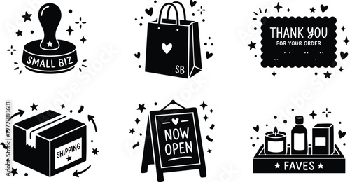 Black and white small business icons with shipping box shopping bag thank you sign now open board and favorites box
