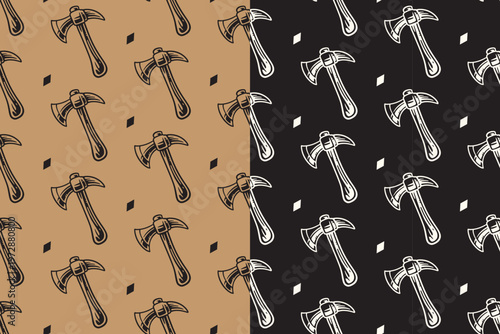 Tomahawk with diamond retro seamless pattern on tan black background set for woodcutting. Axe hatchet hand drawn pattern background for crafts. Woodcutter axe vintage motif wallpaper for forester