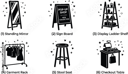 Black and white store furniture icons including standing mirror sign board display ladder shelf garment rack stool seat and checkout table