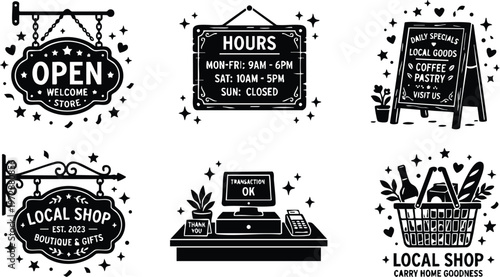 Open sign local shop hours menu basket and counter