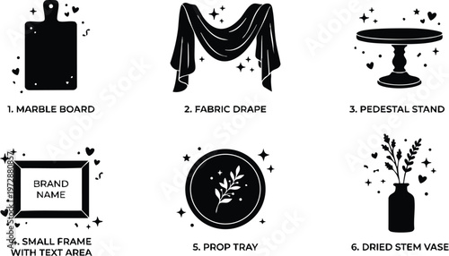 Black and white silhouette icons of marble board fabric drape pedestal stand frame tray and dried stem vase