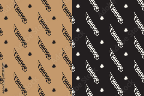 Hunting knife with light retro seamless pattern on tan black background set for tactical. Dagger combat gear hand drawn pattern background for outdoor. Blade vintage motif wallpaper for sport