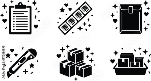 Black and white icons of clipboard microphone packages and shopping basket with sparkles and hearts