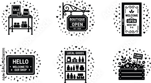 Black and white boutique open sign with ornamental hearts and stars vector art
