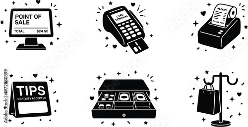 Black and white point of sale terminal cash register and tips signage icons