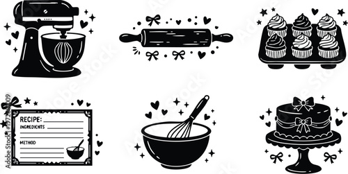 Black and white vintage baking mixer rolling pin cupcake recipe card and cake vector art