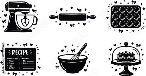 Black and white kitchen mixer rolling pin muffin pan recipe card bowl whisk cake stand with cake