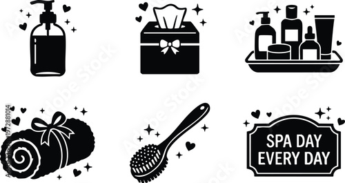 Black and white spa day every day text with bath towel brush lotion tissue icons