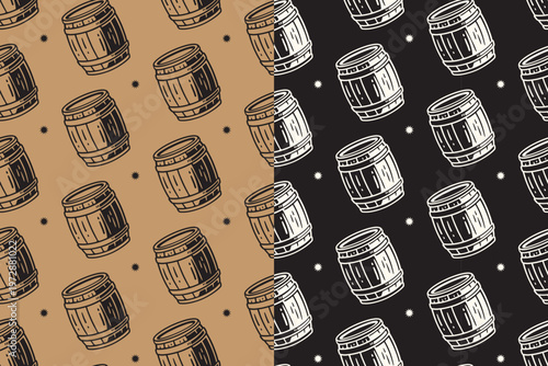 Wooden barrel with light retro seamless pattern on tan black background set for brewery. Cask keg with star hand drawn pattern background for cafes. Storage drum vintage motif wallpaper for restaurant