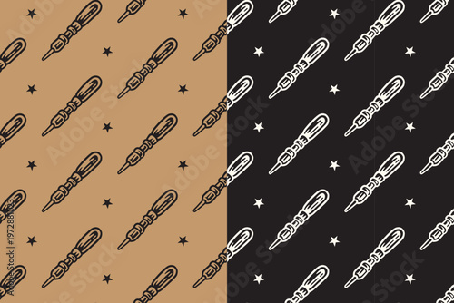 Screwdriver tool with star retro seamless pattern on tan black background set for workshop. Repair equipment hand drawn pattern background for maintenance. Hand tool vintage motif wallpaper for garage