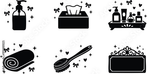 Black and white spa hygiene items vector art with shampoo towel brush and decorative frame