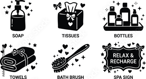 Black and white spa items set with soap towels tissues and bath brush icons