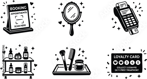 Black and white flat design beauty salon booking payment and loyalty icons