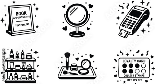 Black and white beauty products makeup mirror loyalty card booking text online vector art