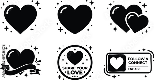 Black and white heart icon collection with love follow and connect buttons