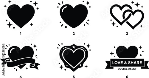 Black and white love heart icons with sparkles and ribbons vector art collection