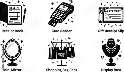 Black and white shopping receipt book card reader gift receipt slip mini mirror shopping bag rack and display bust vector art