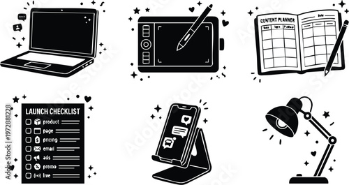 Black and white laptop graphic tablet content planner checklist smartphone stand and desk lamp vector art