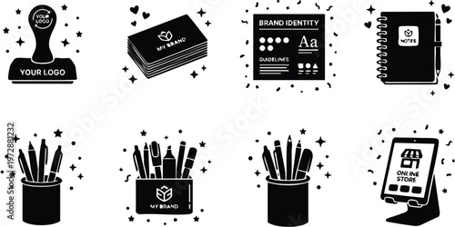 Black and white brand identity tools with logo stamp business cards and notebooks vector art
