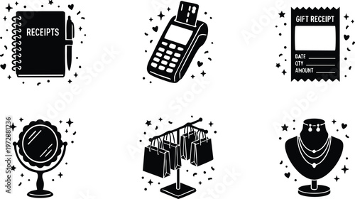 Black and white receipts notebook pos terminal gift receipt mirror shopping bags jewelry display vector art