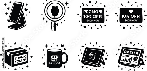 Black and white icons for promo sale thank you box coffee mug and sales report