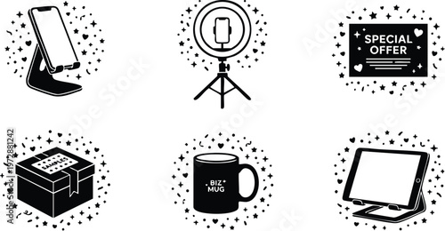 Black and white vector icons of phone stand ring light special offer box mug and tablet stand