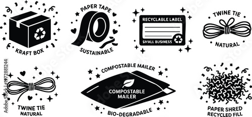 Black and white sustainable packaging icons with kraft box paper tape compostable mailer and twine tie