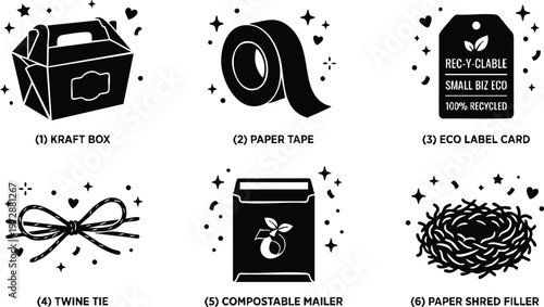 Black and white eco packaging icons kraft box paper tape and compostable mailer