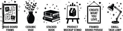 Black and white line art small task lamp mood board frame ceramic vase stacked book product mockup stand framed brand phrase