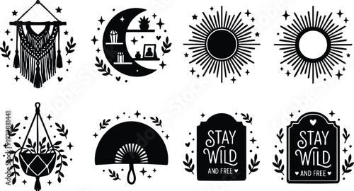 Black and white stay wild and free lettering with sun moon macrame and plant motifs vector art