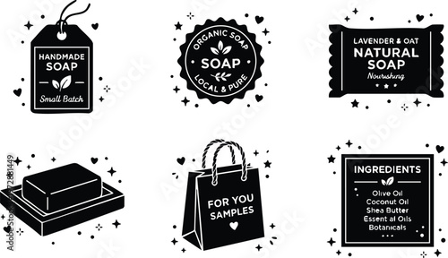Black and white soap labels with handmade organic natural text and soap bar on dish