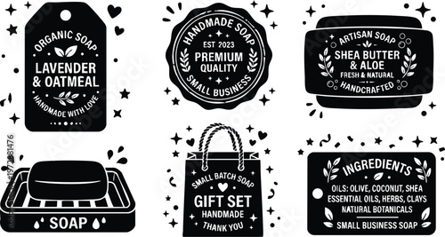 Black and white handmade soap labels with lavender oatmeal and shea butter aloe text