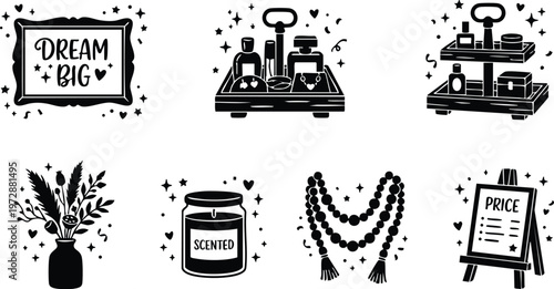 Black and white line art dream big quote with beauty products and floral vase