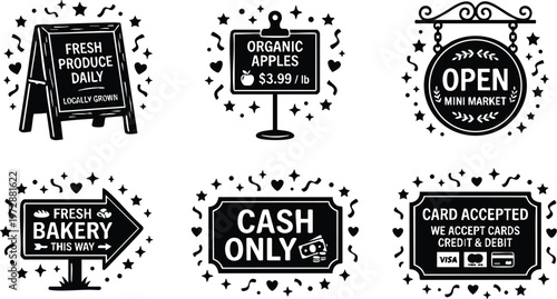 Black and white vintage style market signs with fresh produce bakery and payment messages