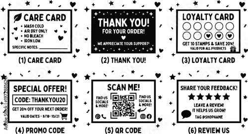 Black and white care card thank you loyalty promo and review cards with social media qr code