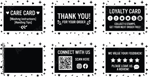 Black and white thank you care loyalty feedback cards with stars hearts and qr code vector art