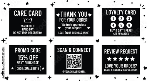Black and white care card thank you loyalty promo review request set vector art