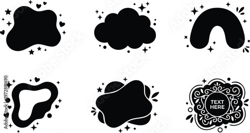 Black cloud shapes with hearts stars and ornamental frame with text placeholder vector art