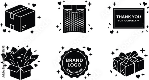 Black and white packaging icons with thank you card and brand logo badge vector art