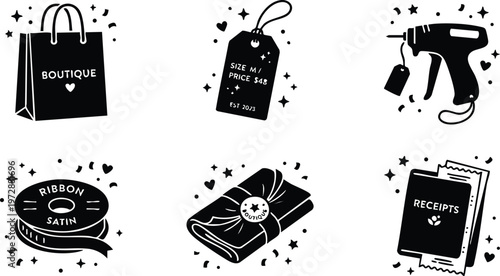 Black and white boutique shopping bag price tag receipt and satin ribbon vector art