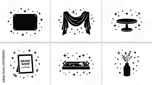 Black silhouette props including frame curtain cake stand tray vase with flowers