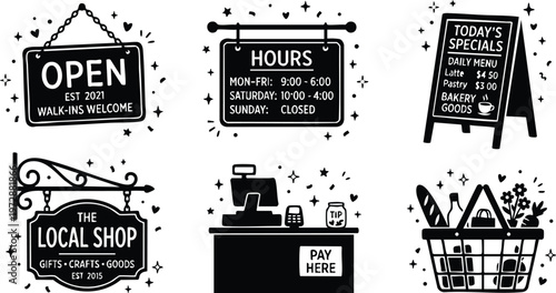 Black and white local shop open hours pay here basket with groceries vector art