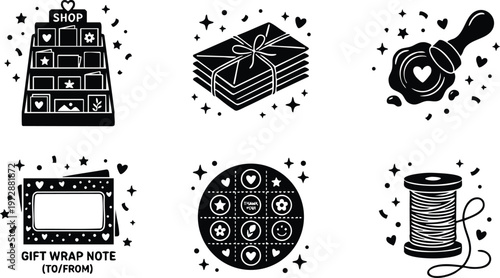 Gift shop display gift wrap notes sealing stamp and thread spool