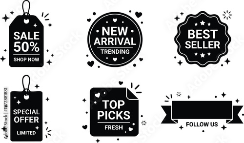 Black and white sale labels with 50 percent discount new arrival best seller and special offer