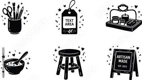 Black and white hand drawn artisan tools and signage vector art with brush pencil bowl stool and display board