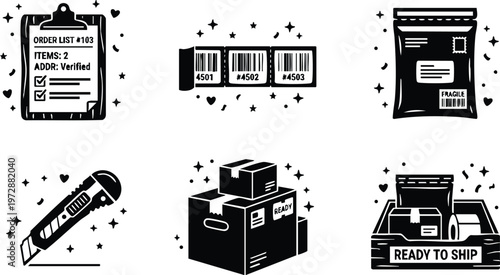 Black and white packaging order list barcode shipping icons set