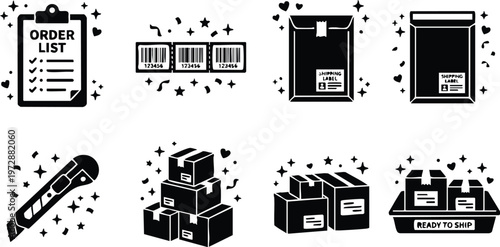 Order list barcode shipping label parcel package and ready to ship box icons